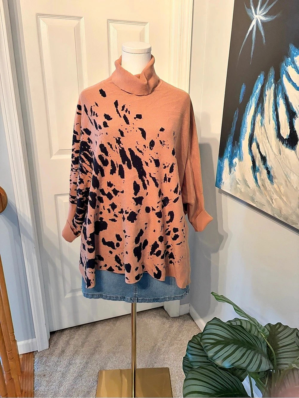 ALFANI Animal Print Cowl Neck Sweater in Brown Size Large